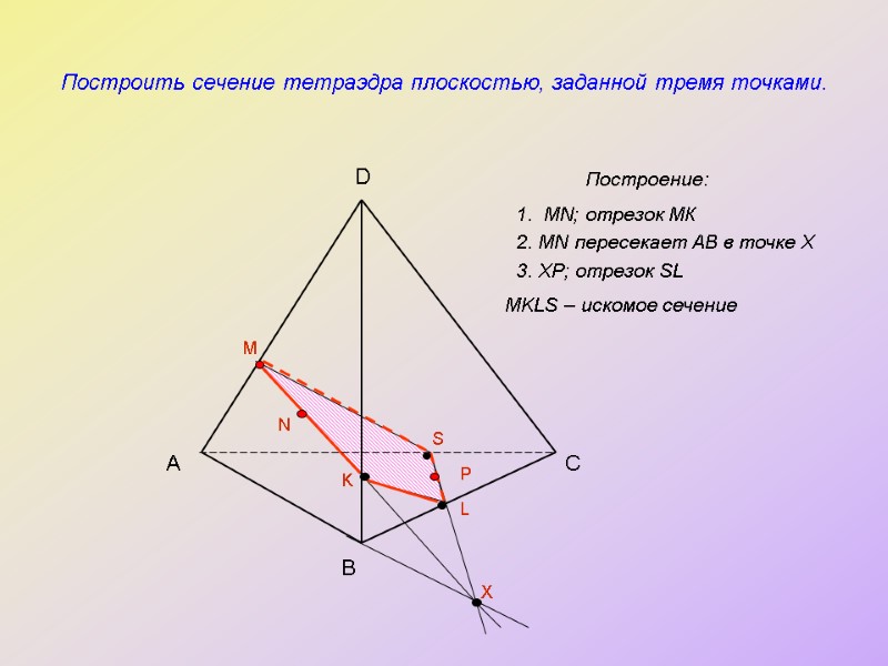 Построить сечение тетраэдра плоскостью, заданной тремя точками. Построение: А B C D M N